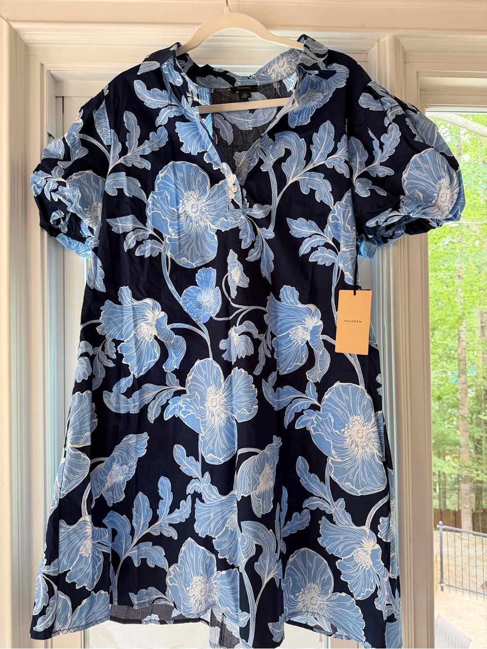 Halogen Bubble Sleeve Babydoll Dress Pockets Navy & Light Blue Floral Print XL